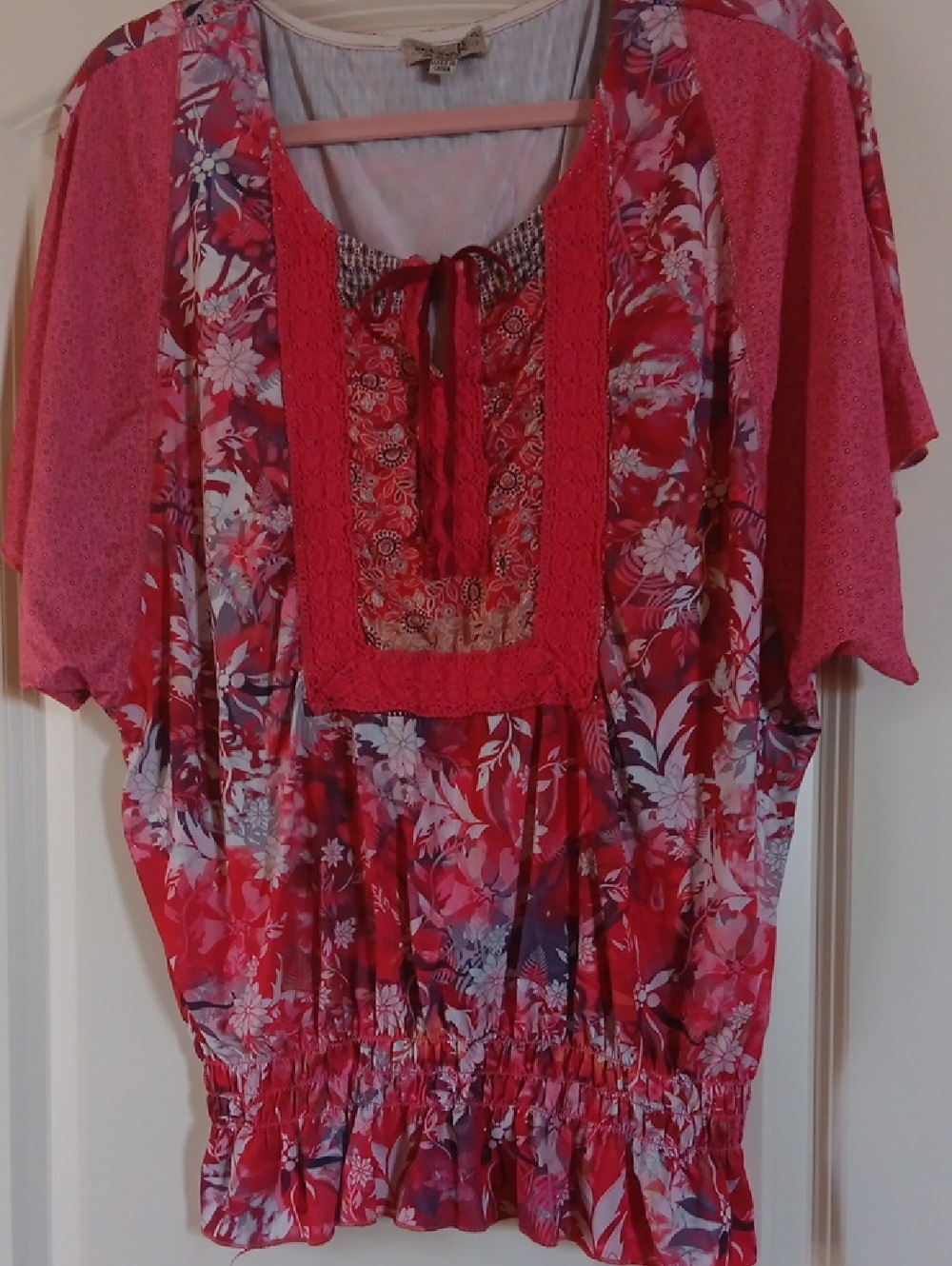 ONE WORLD Floral Tie-Front Blouse in Coral and Pink